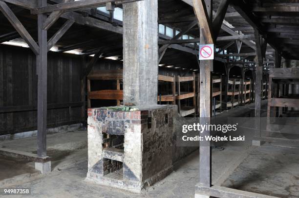 Heating system between bunk beds in Auschwitz II-Birkenau extermination camp on December 17, 2009 in Brzezinka, Poland. Auschwitz was a network of...