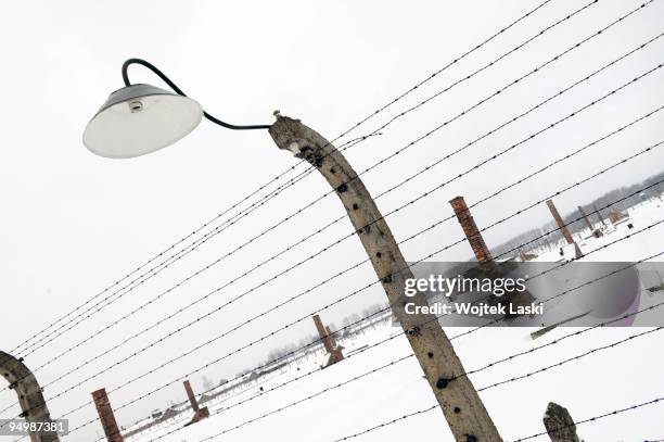 The wrecked chimneys of the former Auschwitz II-Birkenau extermination camp seen through a barbed wire on December 17, 2009 in Brzezinka,...