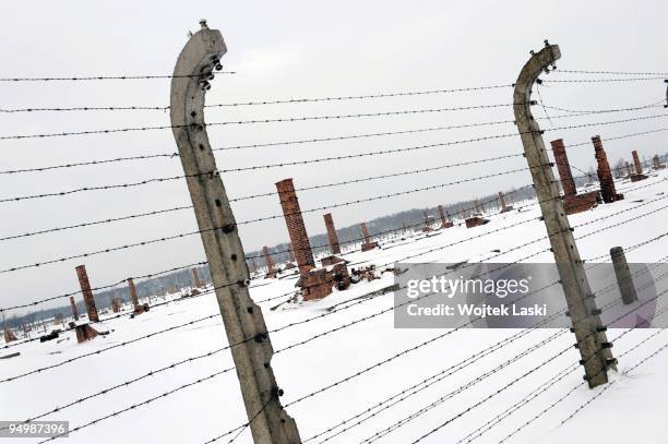 The wrecked chimneys of the former Auschwitz II-Birkenau extermination camp seen through a barbed wire on December 17, 2009 in Brzezinka, Poland....