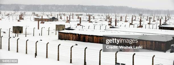 An aerial view at Auschwitz II-Birkenau extermination camp on December 17, 2009 in Brzezinka, Poland. Auschwitz was a network of concentration camps...