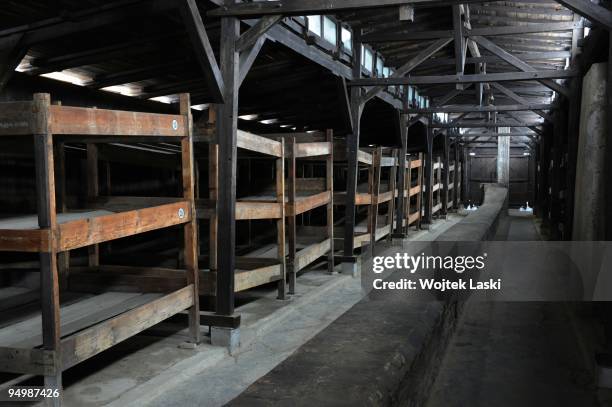 Bunk beds in Auschwitz II-Birkenau extermination camp on December 17, 2009 in Brzezinka, Poland. Auschwitz was a network of concentration camps built...