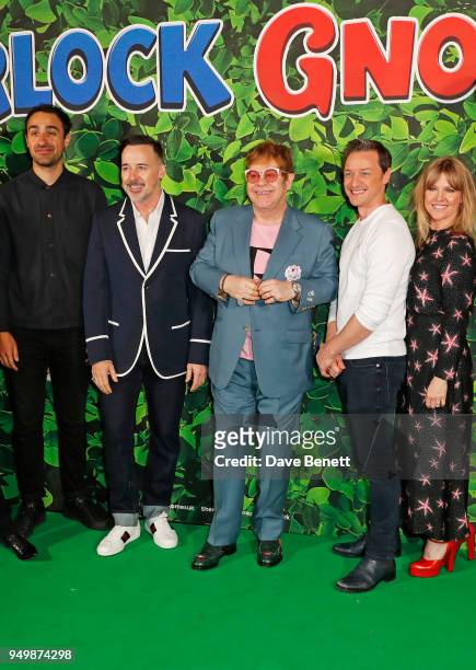 Jamie Demetriou, David Furnish, Sir Elton John, James McAvoy and Ashley Jensen attend the Family Gala Screening of "Sherlock Gnomes" hosted by Sir...