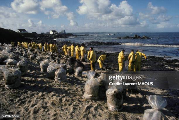 Des volontaires nettoient une plage après une marée noire causée par un pétrolier, circa 1970 en France.