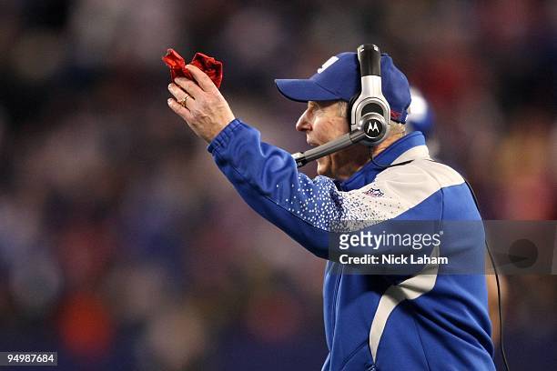 Tom Coughlin, head coach of the New York Giants, reacts during the game against the Philadelphia Eagles at Giants Stadium on December 13, 2009 in...