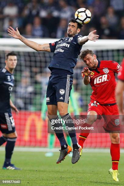 Rhys Williams of the Victory heads the ball during the A-League Elimination Final match between Melbourne Victory and Adelaide United at AAMI Park on...