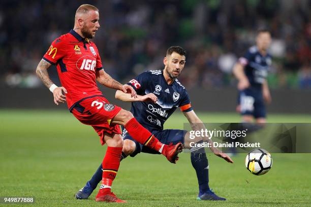 Daniel Adlung of Adelaide United kicks the ball during the A-League Elimination Final match between Melbourne Victory and Adelaide United at AAMI...