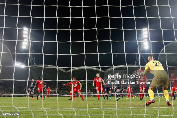 Paul Izzo of Adelaide United makes a save during the A-League Elimination Final match between Melbourne Victory and Adelaide United at AAMI Park on...