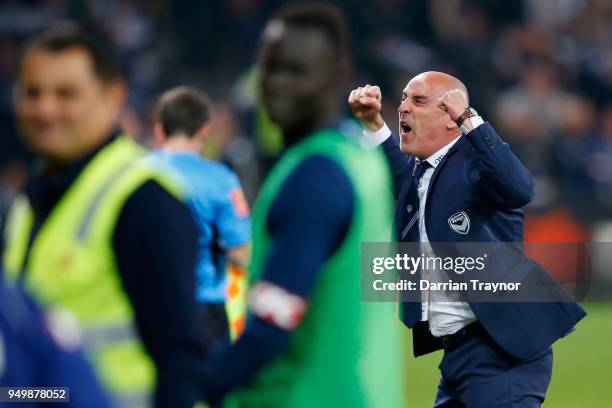 Coach of the Melbourne Victory Kevin Muscat celebrates a Besart Berisha goal that give his team a 2-1 lead during the A-League Elimination Final...