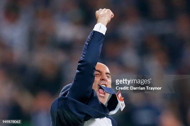 Coach of the Melbourne Victory Kevin Muscat celebrates a Besart Berisha goal that give his team a 2-1 lead during the A-League Elimination Final...
