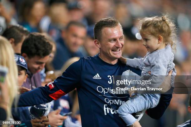 Besart Berisha of the Victory celebrates with his family after the A-League Elimination Final match between Melbourne Victory and Adelaide United at...