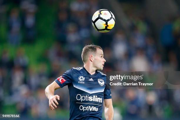 Leigh Broxham of the Victory contols the ball during the A-League Elimination Final match between Melbourne Victory and Adelaide United at AAMI Park...