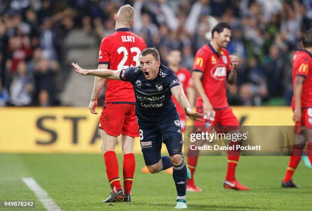 Besart Berisha of the Victory celebrates a goal during the A-League Elimination Final match between Melbourne Victory and Adelaide United at AAMI...