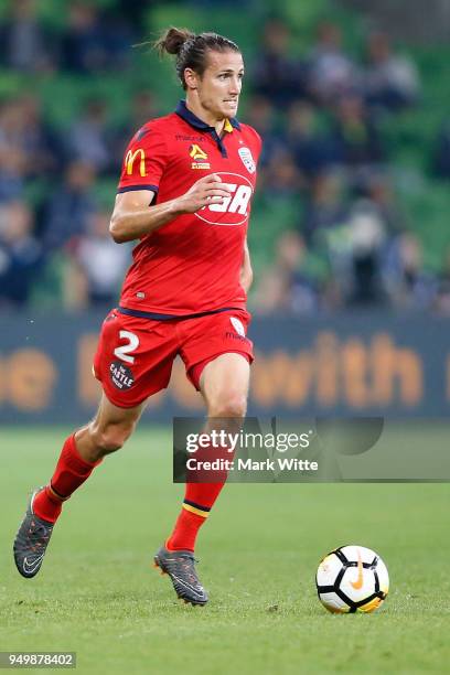 Michael Marrone of Adelaide United runs with the ball during the A-League Elimination Final match between Melbourne Victory and Adelaide United at...