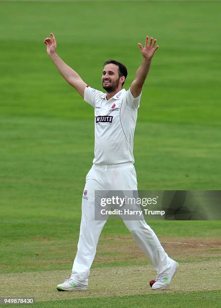 Lewis Gregory of Somerset appeals during Day Three of the Specsavers County Championship Division One match between Somerset and Worcestershire at...