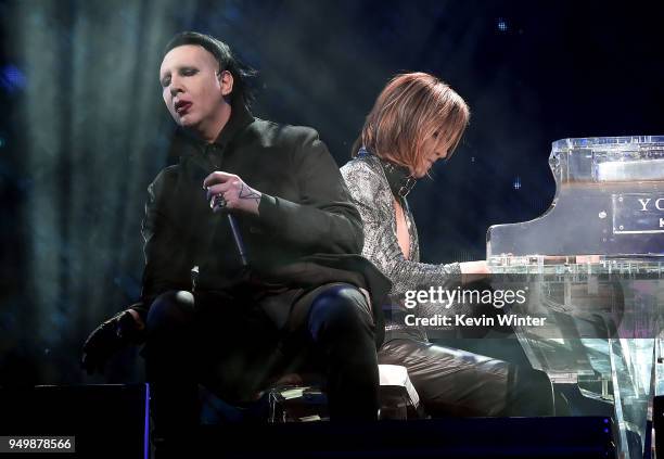 Marilyn Manson and Yoshiki of X Japan perform onstage during the 2018 Coachella Valley Music And Arts Festival at the Empire Polo Field on April 21,...