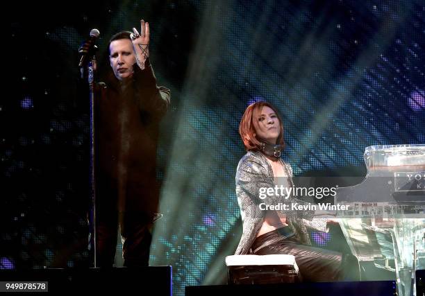 Marilyn Manson and Yoshiki of X Japan perform onstage during the 2018 Coachella Valley Music And Arts Festival at the Empire Polo Field on April 21,...