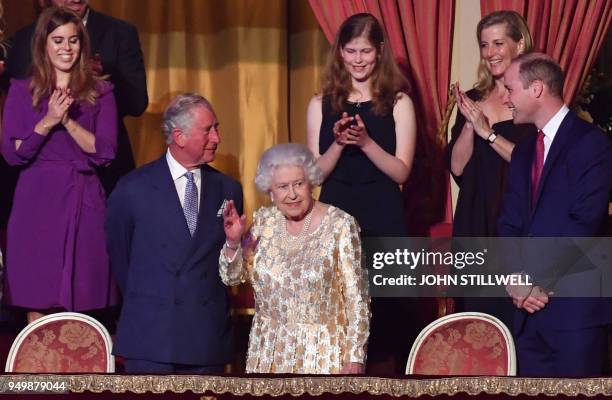 Britain's Queen Elizabeth II waves as to guests as she arrives in the Royal box to watch performers at The Queen's Birthday Party concert on the...