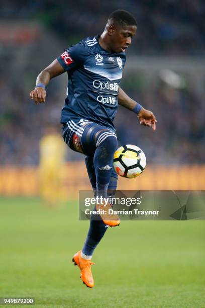 Leroy George of the Victory contols the ball during the A-League Elimination Final match between Melbourne Victory and Adelaide United at AAMI Park...