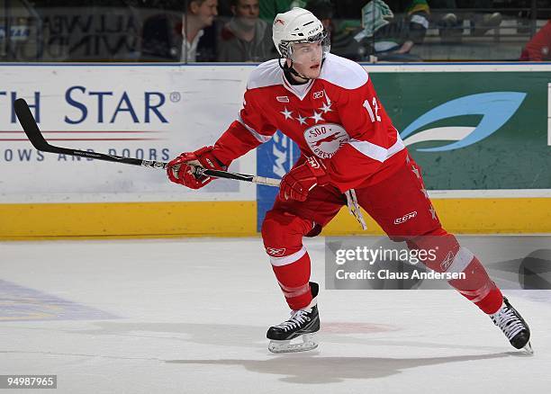 Jame Livingston of the Sault Ste. Marie Greyhounds skates in a game against the London Knights on December 18, 2009 at the John Labatt Centre in...