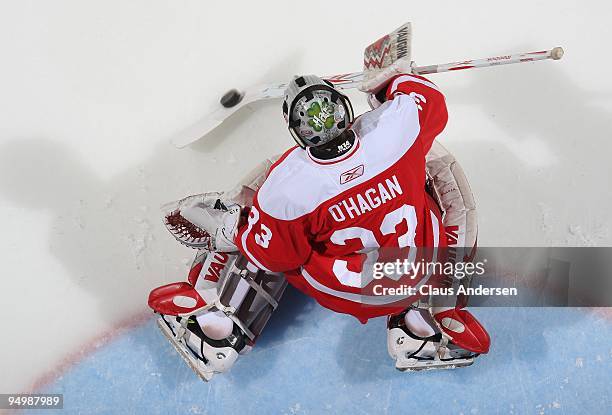 Bryce O'Hagen of the Sault Ste. Marie Greyhounds stops a shot in warm-up prior to a game against the London Knights on December 18, 2009 at the John...