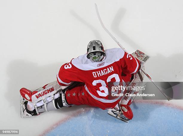 Bryce O'Hagen of the Sault Ste. Marie Greyhounds stretches in warm-up prior to a game against the London Knights on December 18, 2009 at the John...