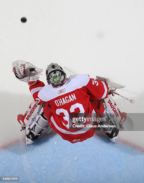 Bryce O'Hagen of the Sault Ste. Marie Greyhounds stops a shot in warm-up prior to a game against the London Knights on December 18, 2009 at the John...
