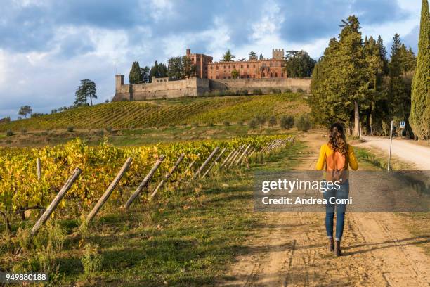 woman walking near the brolio castle. radda in chianti, siena province, tuscany. - siena italië stockfoto's en -beelden