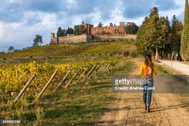 woman walking near the brolio castle. radda in chianti, siena province, tuscany. - tuscany - fotografias e filmes do acervo