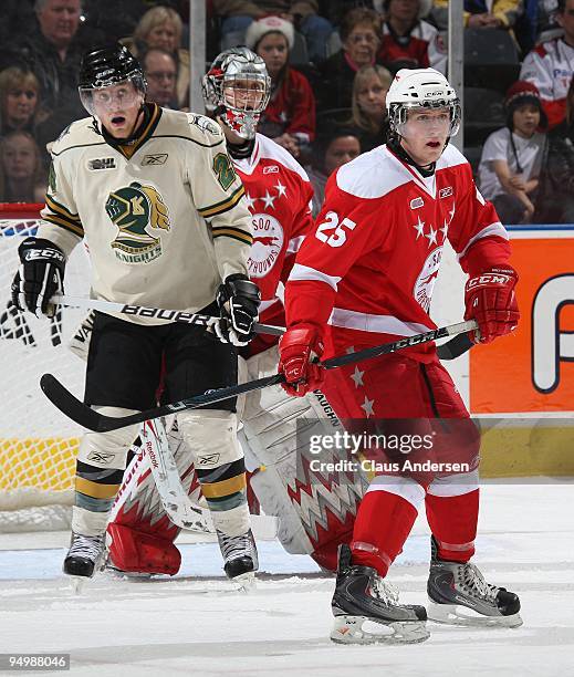 Brock Beukeboom of the Sault Ste. Marie Greyhounds defends in a game against the London Knights on December 18, 2009 at the John Labatt Centre in...