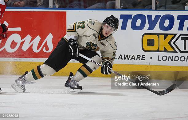 Zac Rinaldo of the London Knights skates in a game against the Sault Ste. Marie Greyhounds on December 18, 2009 at the John Labatt Centre in London,...