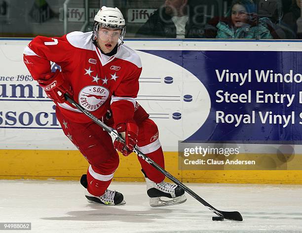 Daniel Catenacci of the Sault Ste. Marie Greyhounds skates with the puck in a game against the London Knights on December 18, 2009 at the John Labatt...