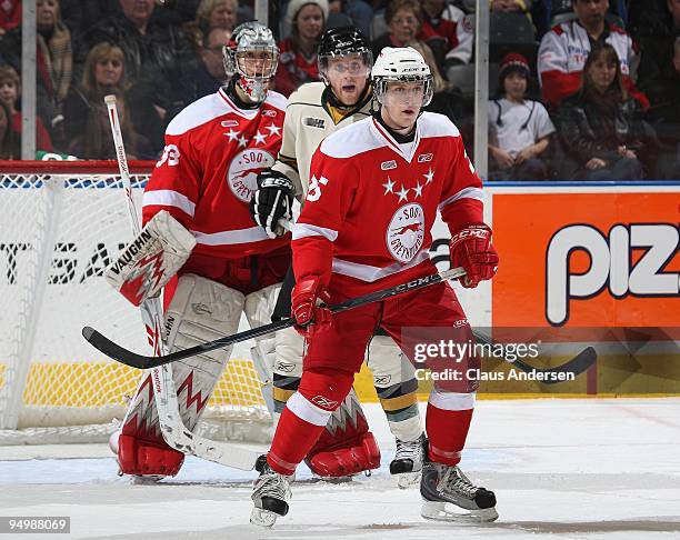 Brock Beukeboom of the Sault Ste. Marie Greyhounds defends in a game against the London Knights on December 18, 2009 at the John Labatt Centre in...