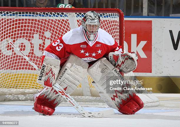 Bryce O'Hagen of the Sault Ste. Marie Greyhounds watches for a shot in a game against the London Knights on December 18, 2009 at the John Labatt...