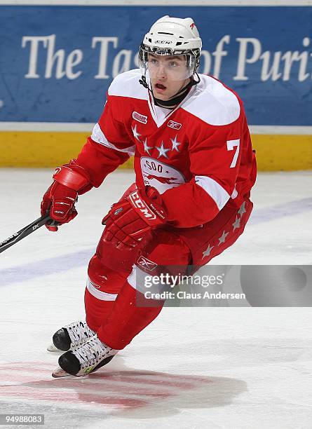 Daniel Catenacci of the Sault Ste. Marie Greyhounds skates in a game against the London Knights on December 18, 2009 at the John Labatt Centre in...