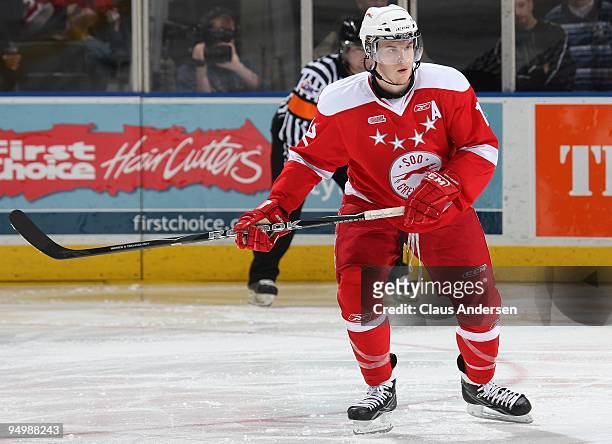 James Livingston of the Sault Ste. Marie Greyhounds skates in a game against the London Knights on December 18, 2009 at the John Labatt Centre in...
