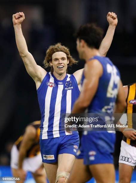 Ben Brown of the Kangaroos celebrates on the final siren during the 2018 AFL round five match between the North Melbourne Kangaroos and the Hawthorn...