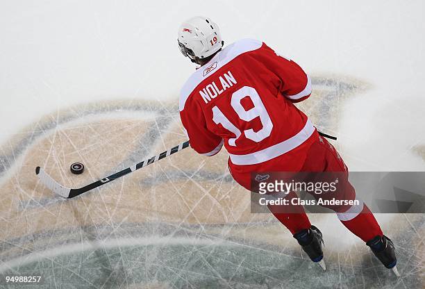 Jordan Nolan of the Sault Ste. Marie Greyhounds skates with the puck in a game against the London Knights on December 18, 2009 at the John Labatt...