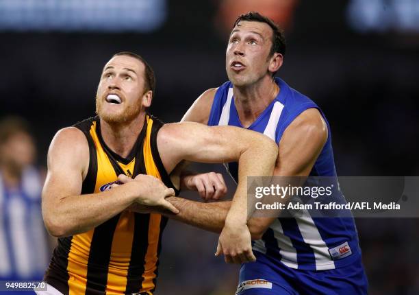 Jarryd Roughead of the Hawks and Todd Goldstein of the Kangaroos compete in a ruck contest during the 2018 AFL round five match between the North...