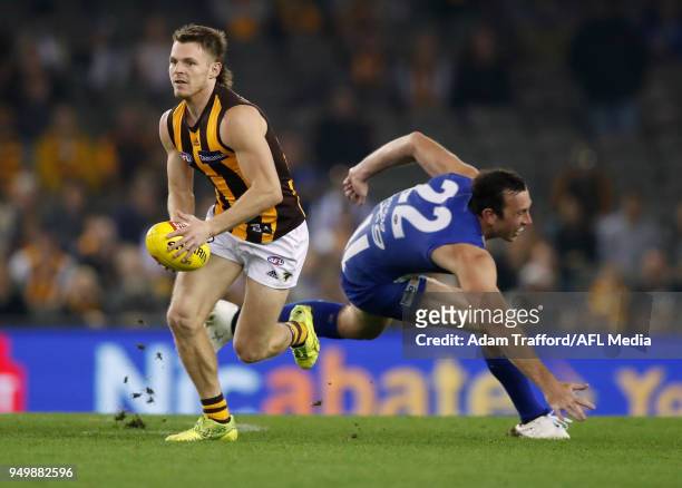 Blake Hardwick of the Hawks in action during the 2018 AFL round five match between the North Melbourne Kangaroos and the Hawthorn Hawks at Etihad...