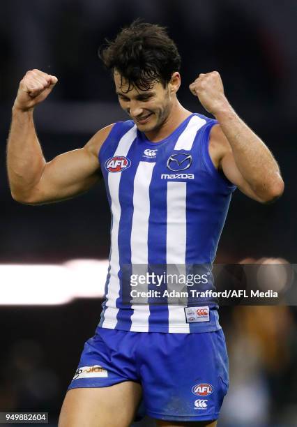 Robbie Tarrant of the Kangaroos celebrates on the final siren during the 2018 AFL round five match between the North Melbourne Kangaroos and the...