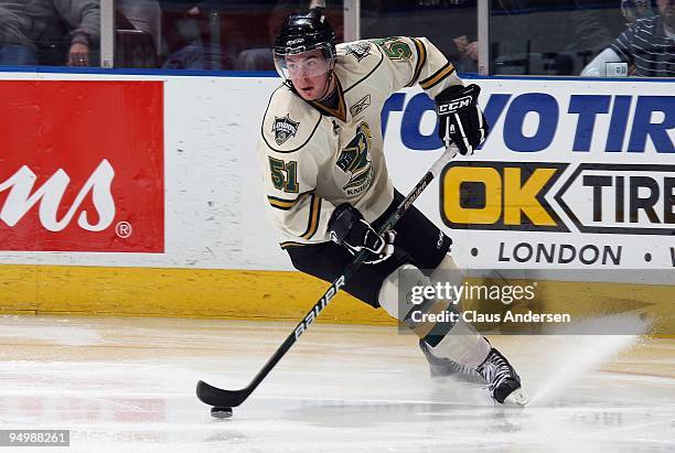 Michael D'Orazio of the London Knights controls the puck in a game against the Sault Ste. Marie Greyhounds on December 18, 2009 at the John Labatt...