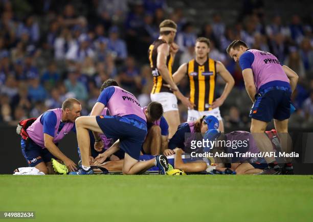 During the 2018 AFL round five match between the North Melbourne Kangaroos and the Hawthorn Hawks at Etihad Stadium on April 22, 2018 in Melbourne,...