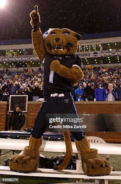 Villanova Wildcats mascot Will D. Cat celebrates a touchdown during the NCAA FCS Championship game against the Montana Grizzlies at Finley Stadium on...