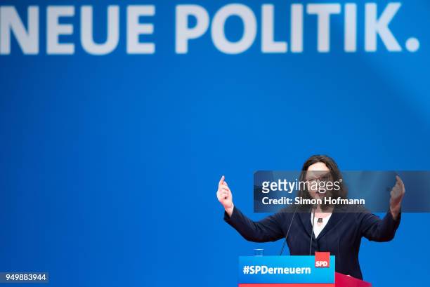 Andrea Nahles, currently Bundestag faction leader of the German Social Democrats , speaks at an SPD federal party congress on April 22, 2018 in...