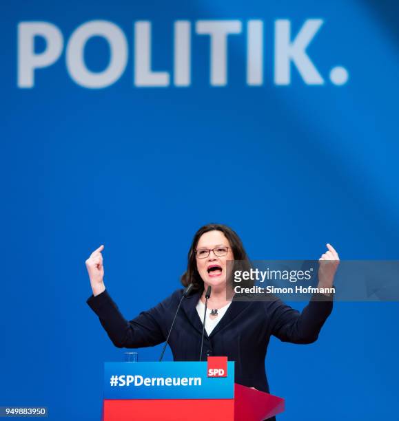 Andrea Nahles, currently Bundestag faction leader of the German Social Democrats , speaks at an SPD federal party congress on April 22, 2018 in...