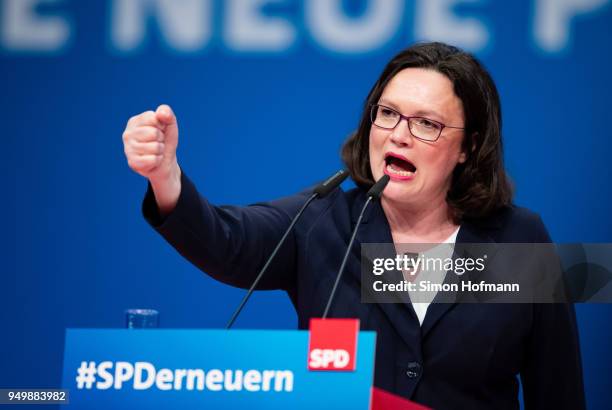 Andrea Nahles, currently Bundestag faction leader of the German Social Democrats , speaks at an SPD federal party congress on April 22, 2018 in...