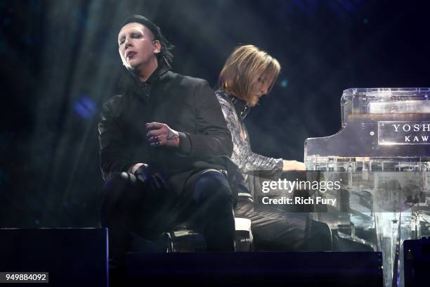 Marilyn Manson and Yoshiki of X Japan perform onstage during the 2018 Coachella Valley Music And Arts Festival at the Empire Polo Field on April 21,...