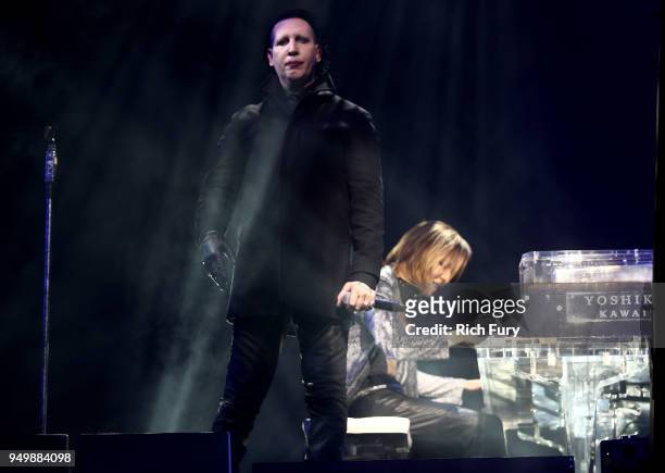 Marilyn Manson and Yoshiki of X Japan perform onstage during the 2018 Coachella Valley Music And Arts Festival at the Empire Polo Field on April 21,...