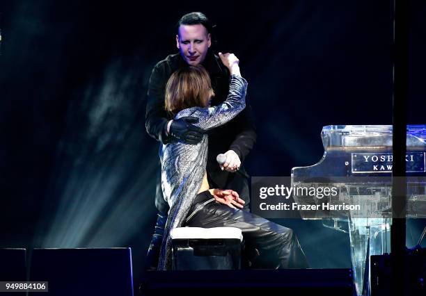 Marilyn Manson and Yoshiki of X Japan perform onstage during the 2018 Coachella Valley Music And Arts Festival at the Empire Polo Field on April 21,...