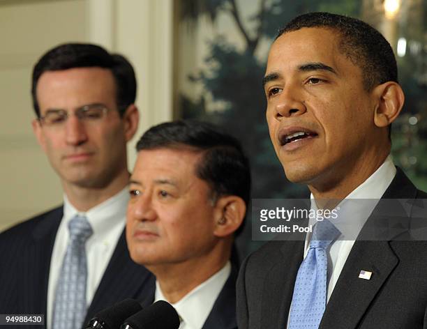 President Barack Obama makes a statement on the SAVE program with Office of Management and Budget Director Peter R. Orszag and Secretary of Veterans...